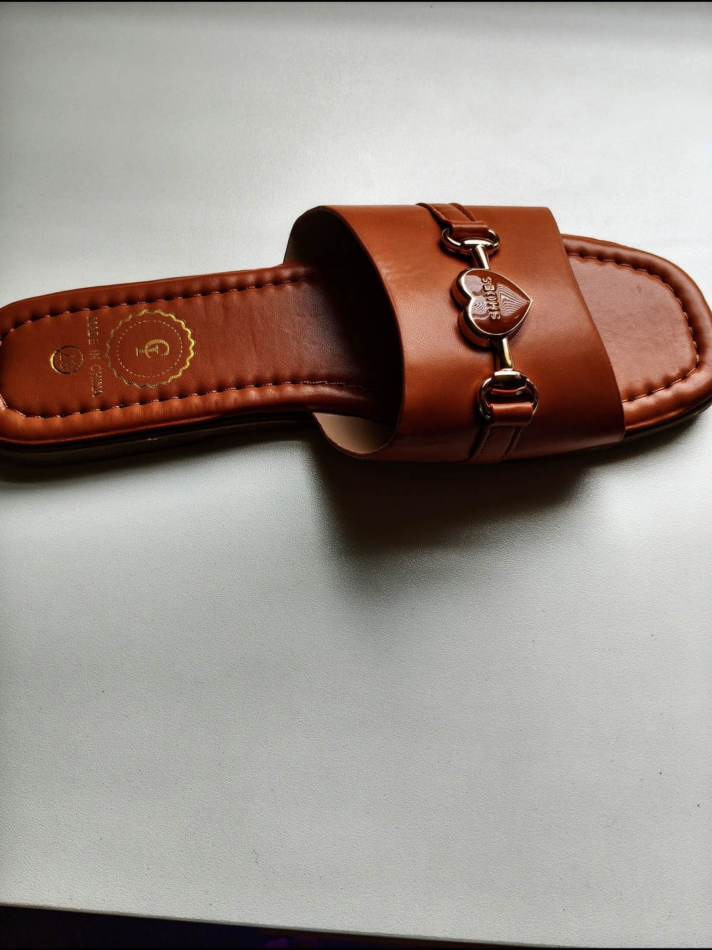 Leather-Look Brown Slide Mules with Heart Accent